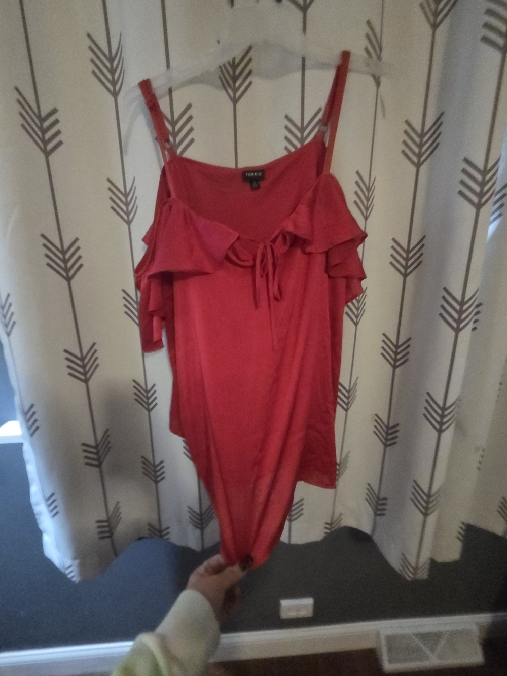 Ladies Red Ruffle Cold-Shoulder Top